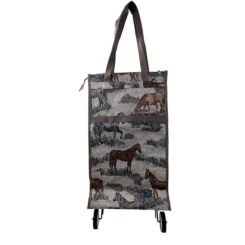 Jade Horse Tapestry Rolling Tote Bag Foldable Wheels Equestrian Travel Shopping